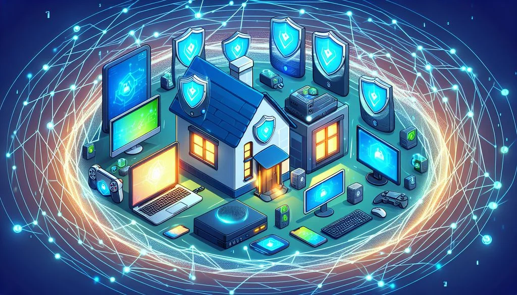 Ein Haus, umringt von leuchtenden blauen Schild- und Vorhängeschloss-Symbolen und verbundenen Geräten über ein dunkles Netzwerkgeflecht, das ein verschlüsseltes Heimnetzwerk zeigt.