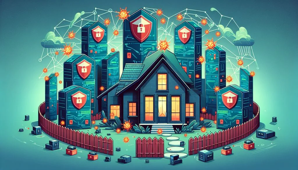Ein Haus hinter einem roten Zaun mit Servertürmen im Hintergrund und Vorhängeschloss-Schilden, während orangefarbene Malware-Ausbrüche ringsum durch gepatchte Verteidigungsmaßnahmen abgewehrt werden.