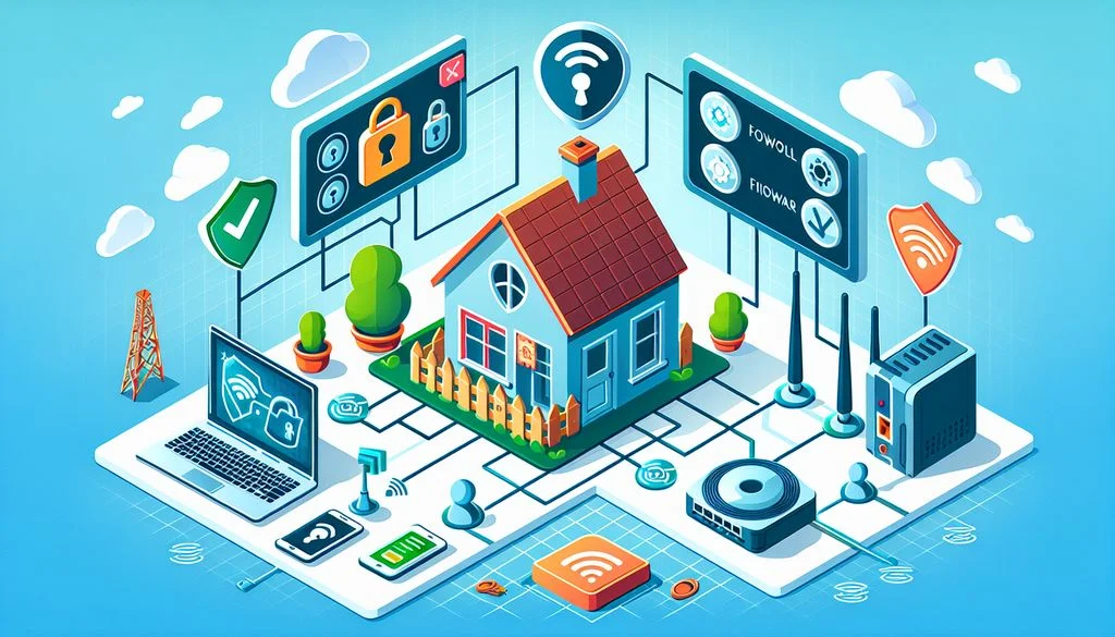 Isometrische Heimnetzwerk-Szene mit einem Haus, das mit einem Laptop, einem Telefon und einem Router verbunden ist, plus schwebenden Vorhängeschloss- und Schild-Symbolen für die Zugriffskontrolle.