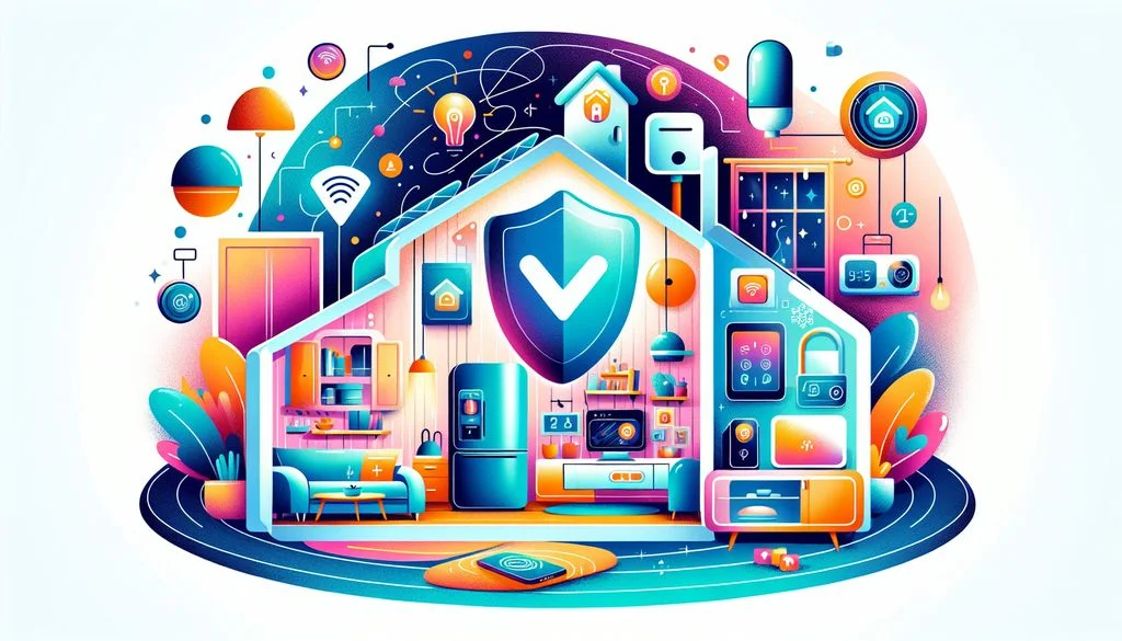Schnittansicht eines Smart-Home-Innenraums mit einem großen zentralen Häkchen-Schild und Symbolen verbundener Geräte, die ein malwarefreies geschütztes Netzwerk darstellen.