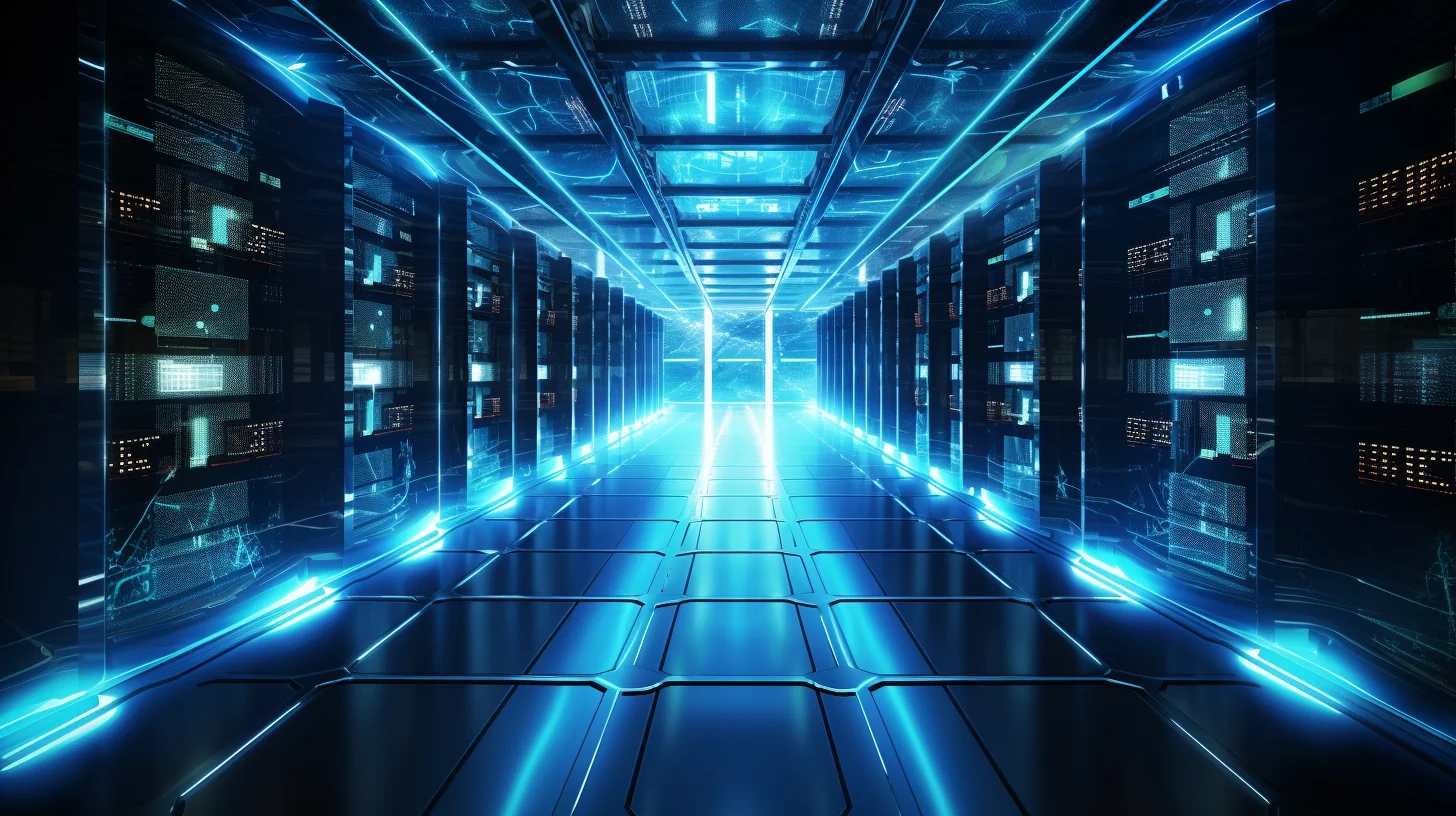 Ein Netzwerk-Serverraum mit Reihen von Servern.