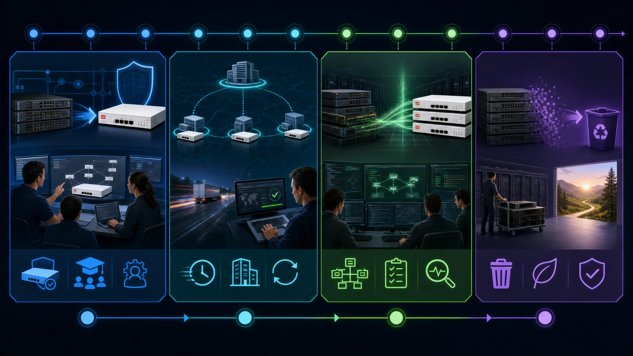 Zeitstrahldiagramm, das eine 12-monatige phasenweise Migration von Cisco zu Fortinet Netzwerksicherheit zeigt, mit Pilotbereitstellung in den Monaten 1 bis 2, Filialausrollung in den Monaten 3 bis 6, Rechenzentrum-Umstellung in den Monaten 7 bis 9 und endgültiger Stilllegung in den Monaten 10 bis 12