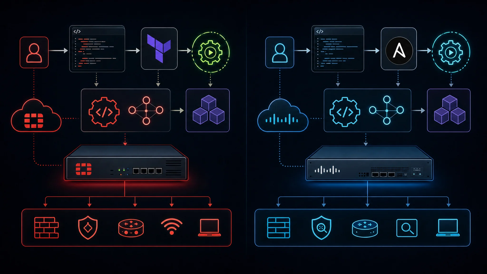 Diagramm, das den FortiGate REST API- und Terraform-Automatisierungsworkflow mit der Cisco Firepower Management Center API und Ansible-Modulen für Netzwerksicherheits-Infrastruktur als Code vergleicht