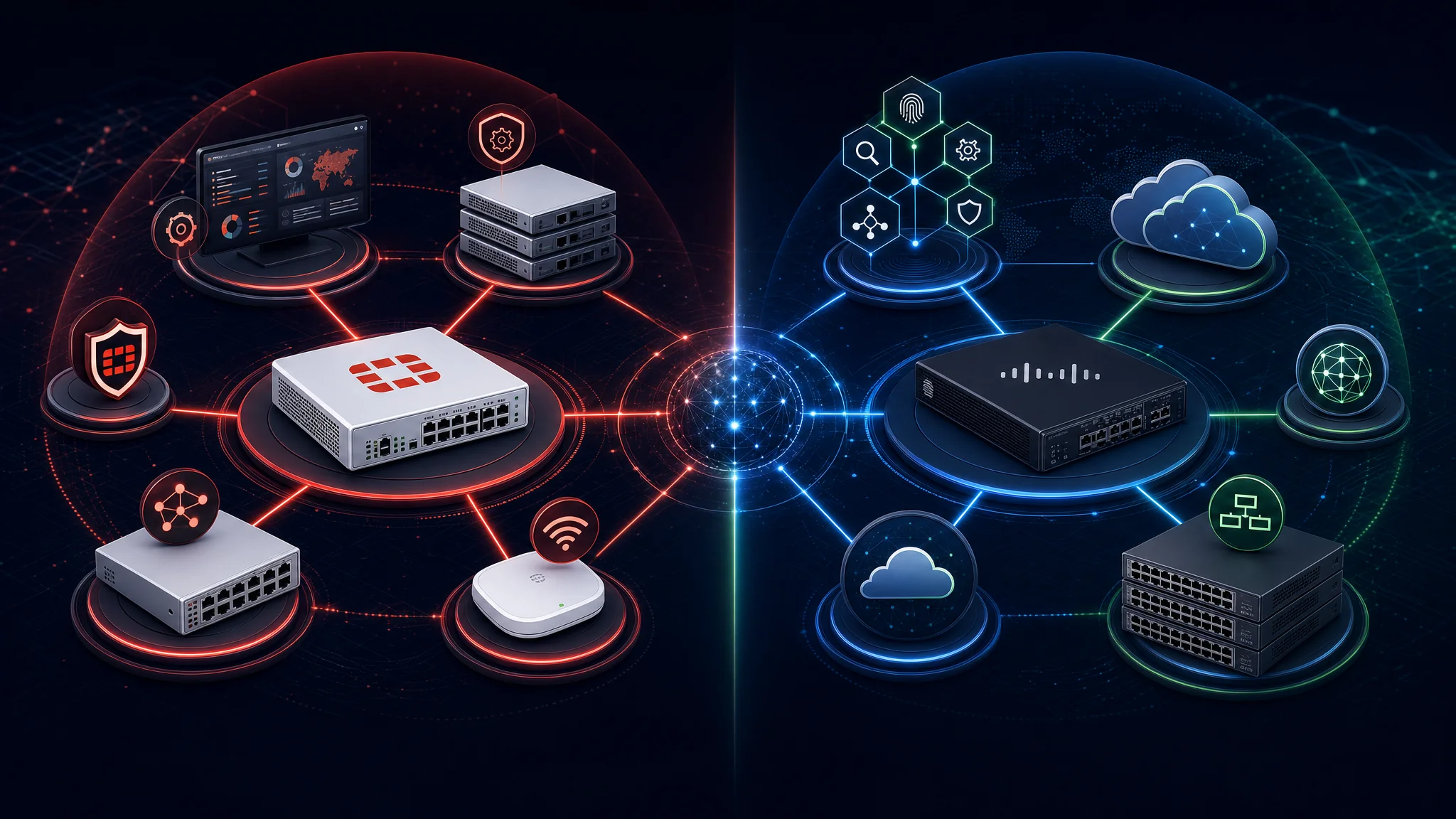 Vergleichsdiagramm, das das Fortinet Security Fabric Produkt-Ökosystem einschließlich FortiGate, FortiSwitch, FortiManager und FortiAP gegenüber dem Cisco Secure Ökosystem einschließlich Firepower, Catalyst, SecureX und Umbrella zeigt