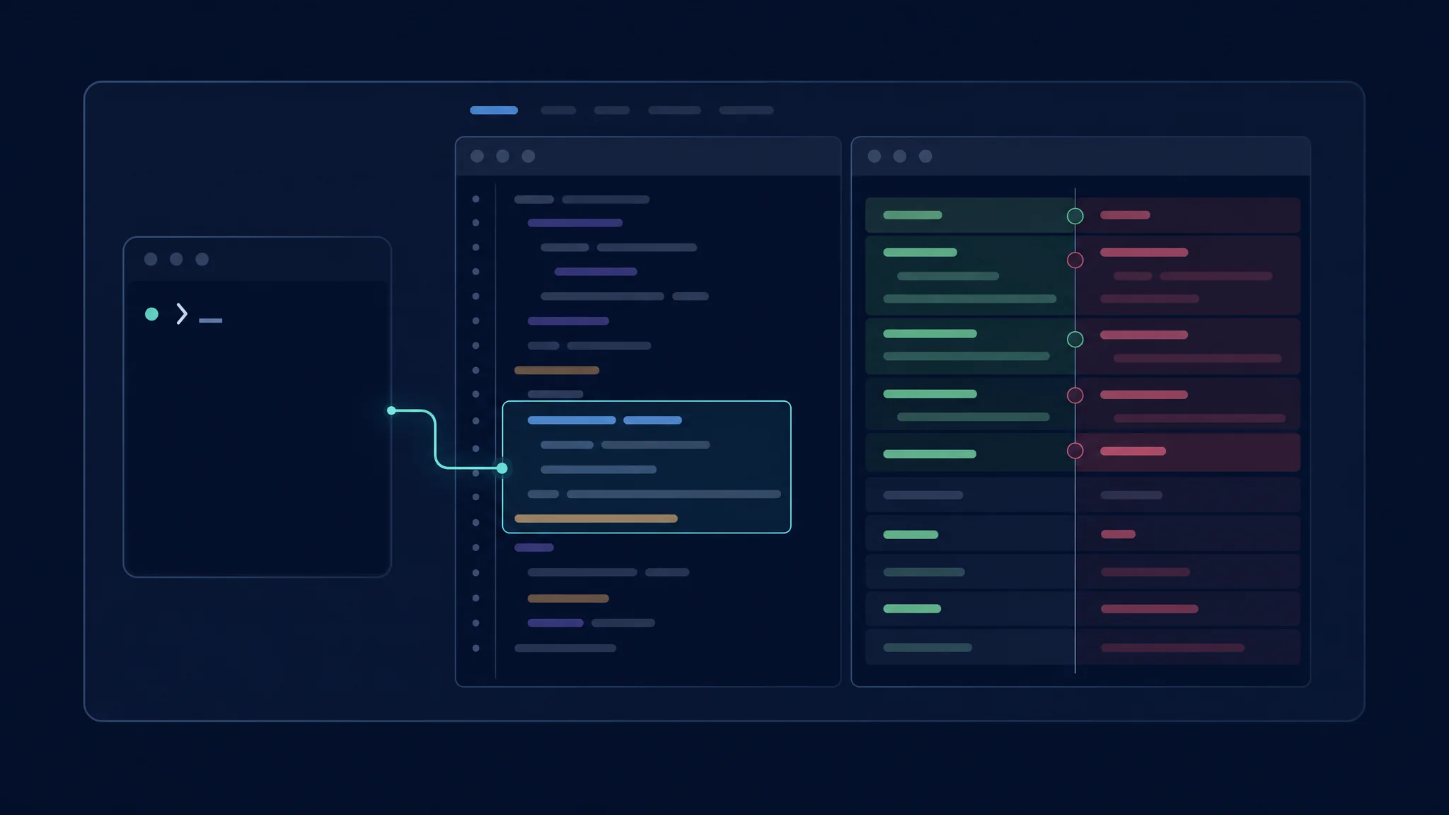 Terminal-Prompt mit einer Editor-Auswahl und einem nebeneinander angezeigten Code-Diff in einem Repository-Arbeitsbereich