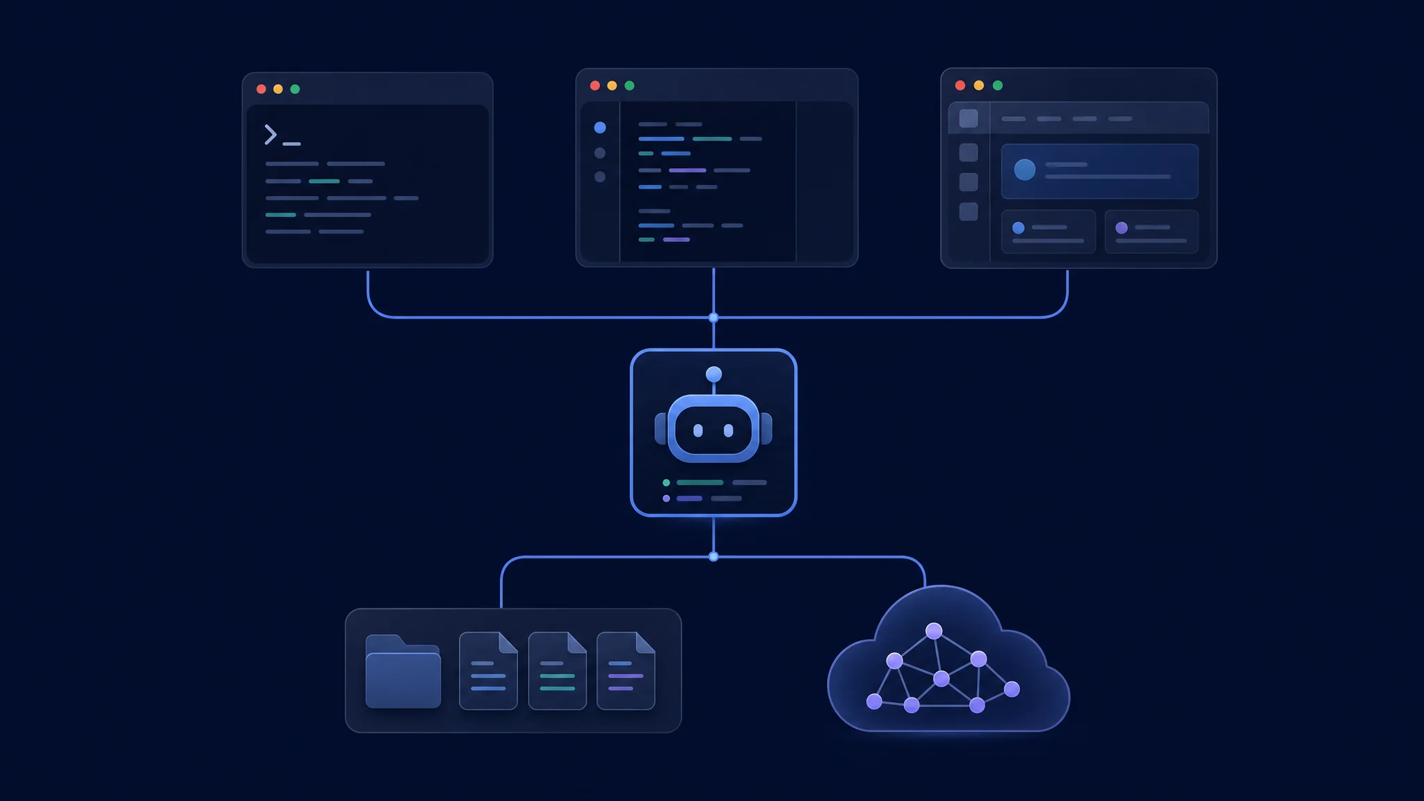 Terminal- und Desktop-Clients, die mit einem Agent-Server, Repository-Dateien und einem getrennten Inferenzdienst verbunden sind