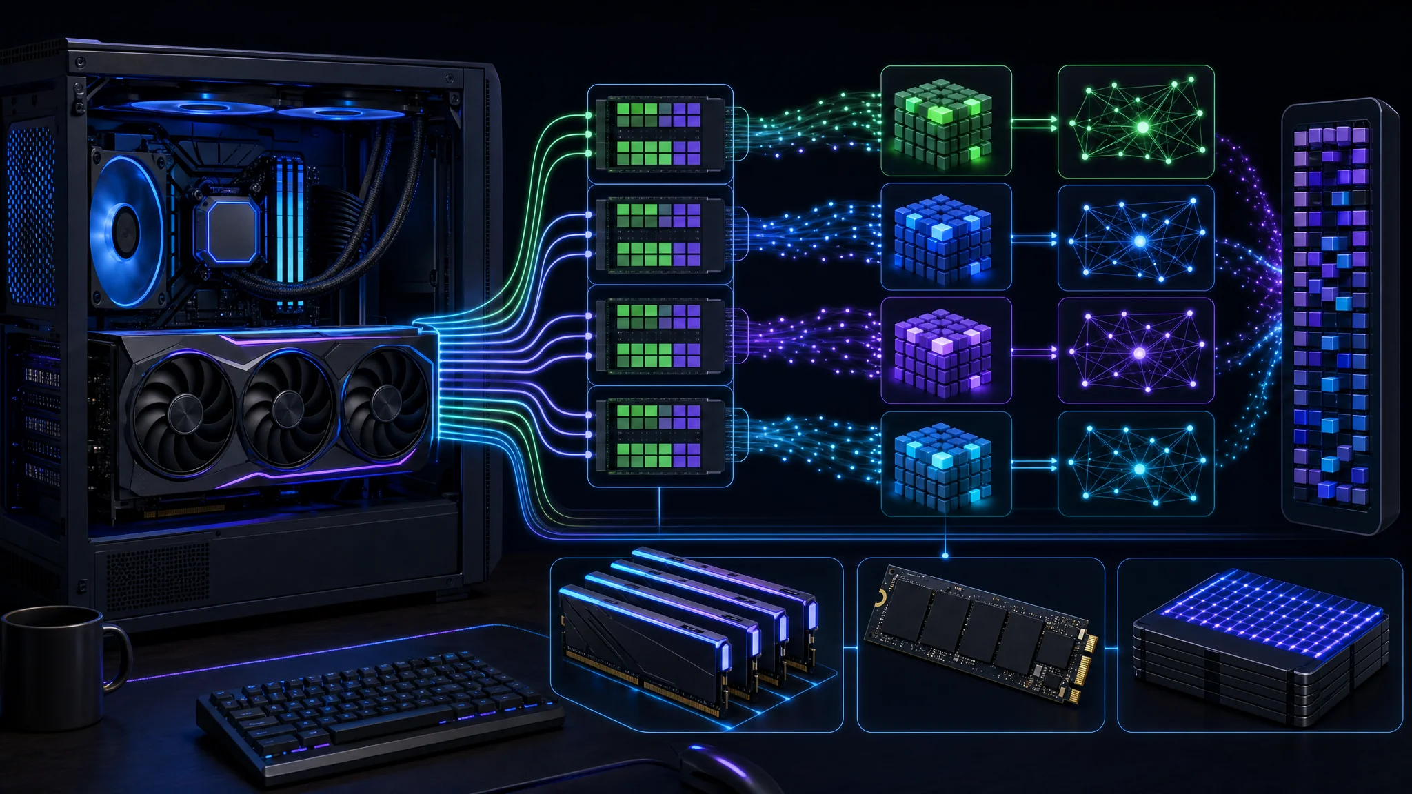 Illustration einer lokalen Workstation, die die Modellausführung auf Grafikkarte, Systemspeicher und Solid-State-Speicher verteilt