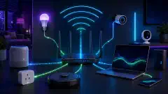 Eine Illustration eines modernen Heimnetzwerk-Setups mit einem eleganten Router, smarten IoT-Geräten und einem Laptop, alles vor einem dunklen Hintergrund mit leuchtenden blauen, grünen und violetten Akzenten.