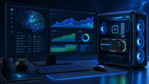 Illustrierte Desktop-GPU-Workstation mit abstrakten Diagrammen und einer neuronalen Netzwerk-Grafik auf dem Monitor