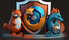 Ein animiertes 3D-Bild mit drei cartoonartigen Browsersymbolen, Brave, Firefox und Tor, umgeben von einem Schild, das den Schutz der Privatsphäre symbolisiert, und einem Vorhängeschloss obenauf.