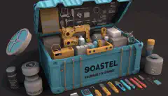 Ein animiertes 3D-Bild eines sicheren, gut organisierten Containers mit dem Docker-Logo darauf, umgeben von verschiedenen Werkzeugen und Geräten aus den Bereichen Software-Engineering und DevOps.