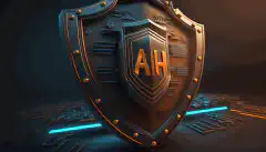 Ein animiertes 3D-Bild eines Schildes mit den Buchstaben AI, das ankommende Pfeile abblockt, die Cyber-Bedrohungen symbolisieren.