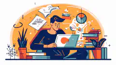 Ein Bild im Cartoon-Stil, das eine Person zeigt, die an einem Schreibtisch mit einem Laptop und verschiedenen Büchern und Notizen lernt, mit dem CEH-Logo im Hintergrund.
