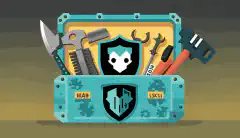 Ein Bild im Cartoon-Stil eines Werkzeugkastens mit Open-Source-Logos auf jedem Werkzeug, zusammen mit einem Schild mit einem Schloss in der Mitte, um Cybersicherheit zu repräsentieren, alles auf einem Hintergrund mit Binärcode.