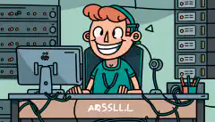 Eine Zeichentrickfigur sitzt an einem Schreibtisch, umgeben von Servern und Kabeln, mit dem Ansible-Logo auf dem Bildschirm und lächelt, während Aufgaben automatisiert werden.