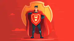 Eine Zeichentrickfigur, die einen Superheldenumhang trägt und ein Schild mit einem Schlosssymbol in der Hand hält.