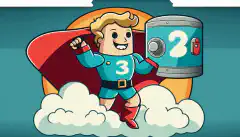 Eine Zeichentrickfigur mit Umhang, die ein Schild mit der Zahl 3 in der Hand hält, während sie auf zwei Speicherboxen steht, von denen eine eine Festplatte und die andere eine Wolke darstellt, und auf einen Globus zeigt, der für die externe Speicherung steht.