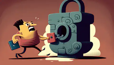 Ein Cartoon-Computerbenutzer surft im Internet, während ein riesiges Schlosssymbol erscheint, um die Privatsphäre des Benutzers zu schützen.