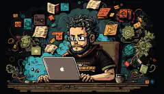 Ein Cartoon-Entwickler, der an einem Schreibtisch mit einem Laptop sitzt, umgeben von verschiedenen HTML-, CSS- und JavaScript-Elementen, die in der Luft um ihn herum schweben.