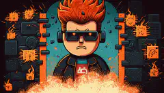  Ein Cartoon-Entwickler mit einem Schloss-Symbol als Kopf, umgeben von Code und abgeschirmt durch eine Firewall.