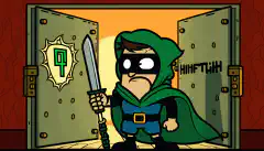 Ein Cartoon-Hacker mit Umhang und Maske steht vor einer Tresortür mit dem HTB-Logo darauf und hält ein Werkzeug (z. B. einen Schraubenschlüssel oder einen Schraubenzieher) mit einem grünen Hintergrund, der den Erfolg symbolisiert, und der Flagge in einer Sprechblase darüber ihren Kopf.