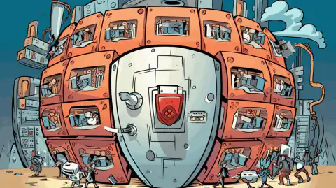Eine Cartoon-Illustration, die ein Schild zeigt, das einen Netzwerkserver vor Cyber-Bedrohungen schützt.