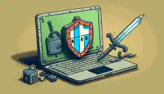 Eine Cartoon-Illustration eines Laptops mit einem Schloss, mit einem Schild und einem Schwert im Hintergrund, die für die Cybersicherheit stehen.