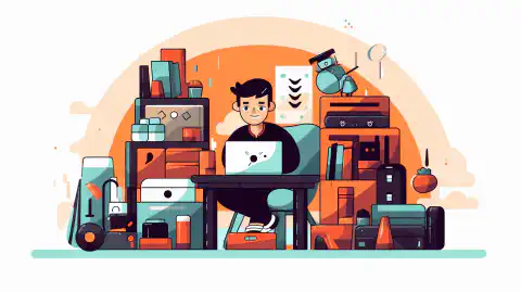 Eine Cartoon-Illustration einer Person, die verschiedene Gegenstände mit der Homebox-Software organisiert.