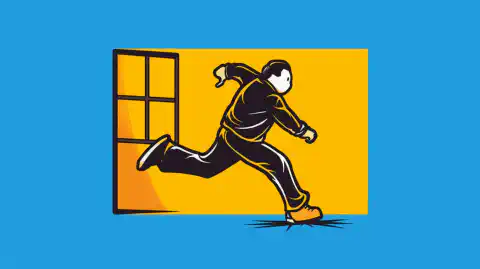 Eine Cartoon-Illustration einer Person, die von einem Windows-Logo zu einem Linux-Logo mit einem nahtlosen Übergang übergeht