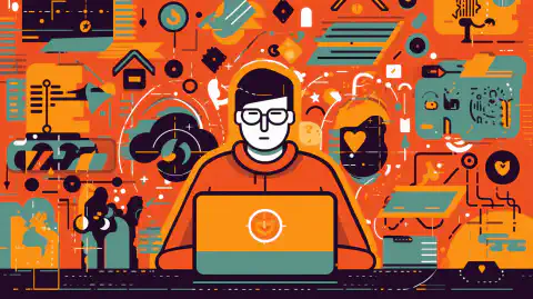 Eine Cartoon-Illustration einer Person, die an einem Laptop arbeitet, mit Icons und Symbolen aus dem Bereich der Cybersicherheit um sie herum.