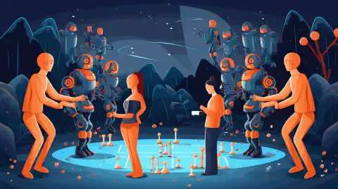 Eine Cartoon-Illustration, die einen Algorithmus für maschinelles Lernen und ein neuronales Netz für tiefes Lernen in einem freundschaftlichen Wettbewerb zeigt.