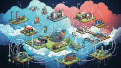 Eine Cartoon-Illustration, die verschiedene Netzwerkkomponenten und Cloud-Konnektivitätsoptionen zeigt