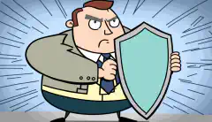 Eine Karikatur eines Geschäftsinhabers, der ein Schild mit der Aufschrift Cybersicherheitsversicherung hält und Cyberbedrohungen abwehrt.