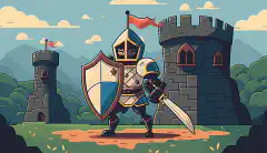 Das Cartoon-Bild einer Burg, die von einem Ritter bewacht wird, symbolisiert das Konzept eines starken Schutzes für sichere und konforme Cloud-basierte Speicherung