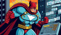 Ein Cartoonbild eines Cybersecurity-Superhelden, der eine Stadt gegen Cyberbedrohungen verteidigt.