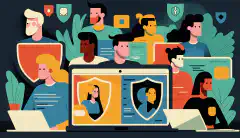 Eine Karikatur einer Gruppe von Mitarbeitern, die an einer spannenden Sicherheitsschulung auf ihren Laptops teilnehmen, wobei sie von verschiedenen Symbolen für Cybersicherheit umgeben sind.