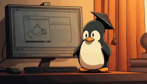 Ein Cartoon-Bild eines Pinguins mit einer Abschlussmütze, der ein Diplom in der Hand hält und vor einem Computer mit einer Linux-Desktop-Umgebung im Hintergrund steht.