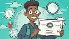Ein Cartoon-Bild einer Person, die ein CISSP-Zertifikat in der Hand hält, mit einer Gedankenblase, die verschiedene Themen der Informationssicherheit wie Sicherheitsarchitektur, Zugangskontrolle, Verschlüsselung und Netzwerksicherheit zeigt.