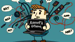 Ein Cartoon-Bild einer Person, die einen Laptop in der Hand hält und von verschiedenen Computer-Hardware-Komponenten und Netzwerkkabeln umgeben ist, mit einer Gedankenblase, die eine Reihe von CompTIA A+ Akronymen und Fehlerbehebungsverfahren anzeigt.
