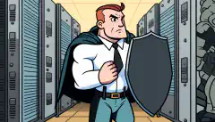 Ein Cartoon-Bild einer Person, die ein Schild hält und vor einem Serverraum Wache steht, um den Schutz und die Sicherheit darzustellen, die die Implementierung von Patches bietet.