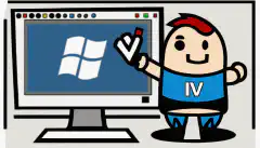 Ein Cartoon-Bild einer Person, die einen USB-Stick mit einem Windows-Logo und einem Häkchen in der Hand hält und vor einem Computerbildschirm mit einem Windows-Logo steht.