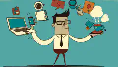Ein Cartoon-Bild einer Person, die mit verschiedenen persönlichen Geräten (Laptop, Smartphone, Tablet) und arbeitsbezogenen Gegenständen (Dokumente, Kaffeetasse) jongliert