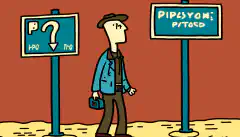 Eine Karikatur einer Person, die an einer Kreuzung steht, mit einem Wegweiser, der die Richtungen von IPv4 und IPv6 anzeigt und die Wahl und den Übergang zwischen den beiden Protokollen darstellt.