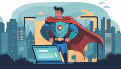 Ein Cartoonbild eines Webentwicklers, der einen Superheldenumhang trägt und ein Schild hält. Das Schild schützt einen Laptop mit einer Webanwendungsschnittstelle auf dem Bildschirm.