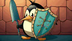 Ein Cartoon-Schloss, das ein Schild mit dem Wort Linux in der Hand hält, während ein Pfeil vom Schild abprallt.