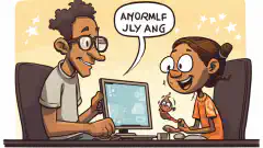 Eine Karikatur eines Elternteils und eines Kindes, die gemeinsam einen Computer benutzen, mit einer Sprechblase über dem Computer, die eine positive Botschaft vermittelt.