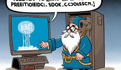 Eine Karikatur eines Zauberers, der einen Zauber wirkt, um einen eingefrorenen Computer zu reparieren, mit einer Sprechblase mit der Aufschrift „Problem gelöst“.