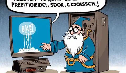 Eine Karikatur eines Zauberers, der einen Zauber wirkt, um einen eingefrorenen Computer zu reparieren, mit einer Sprechblase mit der Aufschrift „Problem gelöst“.