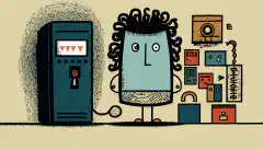 Eine Zeichentrickfigur, die vor einem Computer steht, mit einem Schlosssymbol über dem Kopf und verschiedenen Authentifizierungsfaktoren, wie Schlüssel, Telefon, Fingerabdruck usw., die um sie herum schweben
