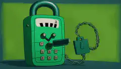 Ein Cartoon-Telefon mit einem grünen Bildschirm und einem Vorhängeschloss darauf, das Sicherheit und Verschlüsselung symbolisiert, mit DTMF-Tönen im Hintergrund